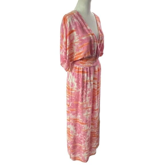 KNOX ROSE Maxi Dress V Neck Short Sleeve Side Slits Tie Dye Pink M 81-30 - Picture 4 of 13